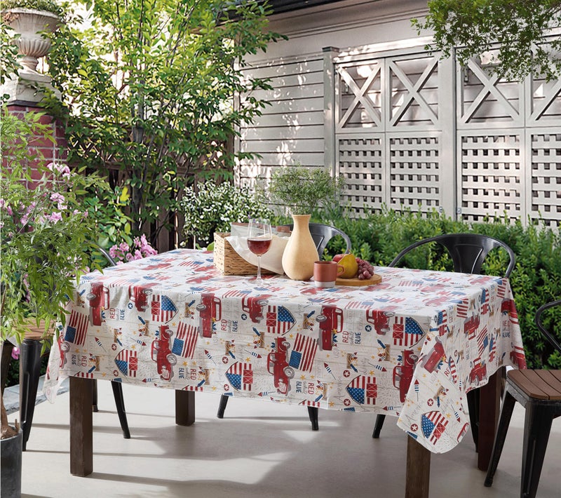 Newbridge Rectangle Vinyl Tablecloth with Flannel Backing, 52 x 70 Inch, Patriotic Truck, Indoor Outdoor Waterproof Vinyl Table Cloth, American Celebration Red Trucks and Flags - Image 1